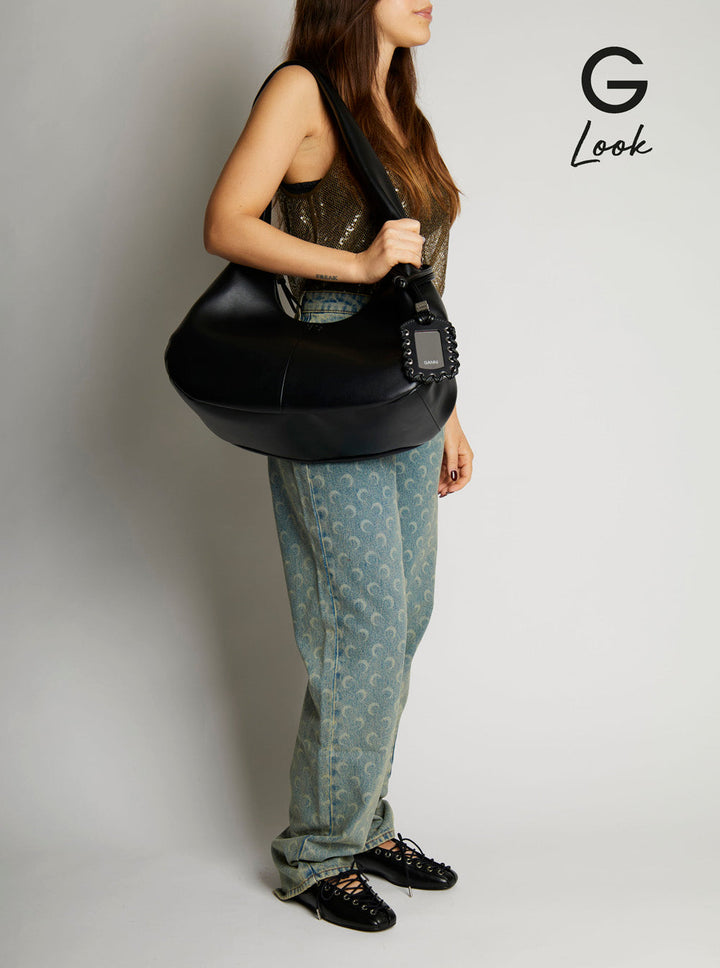 Ganni Women 'Bou Bag Hobo Medium' Black Shoulder Bag With Shoulder Strap And Removable Logo Patch In Leather Woman
