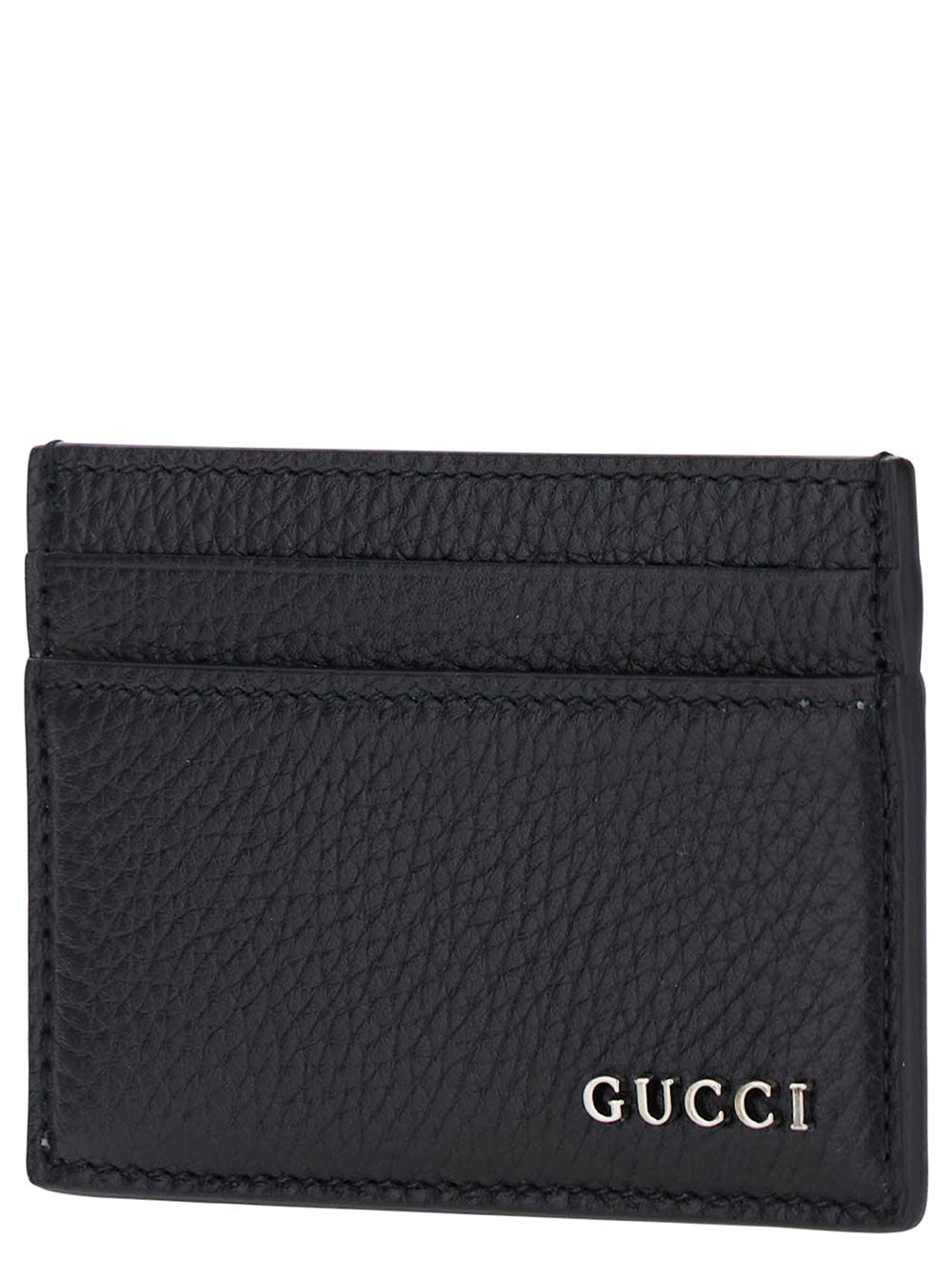 Gucci Men Black Card-Holder With Logo Detail In Hammered Leather Man