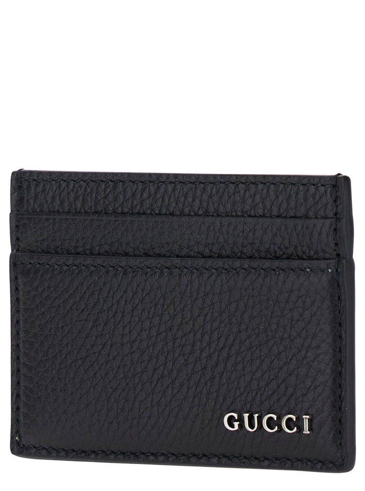 Gucci Men Black Card-Holder With Logo Detail In Hammered Leather Man