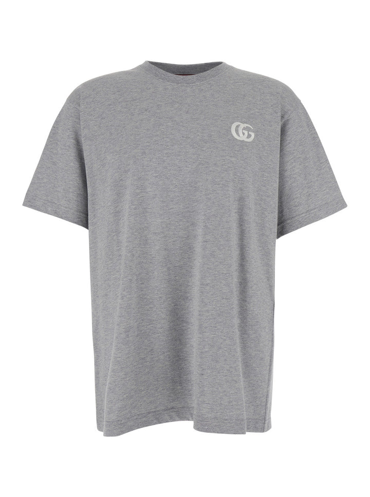 Gucci Men Grey Crewneck T-Shirt With Double G Embroidery On The Front In Fabric Man