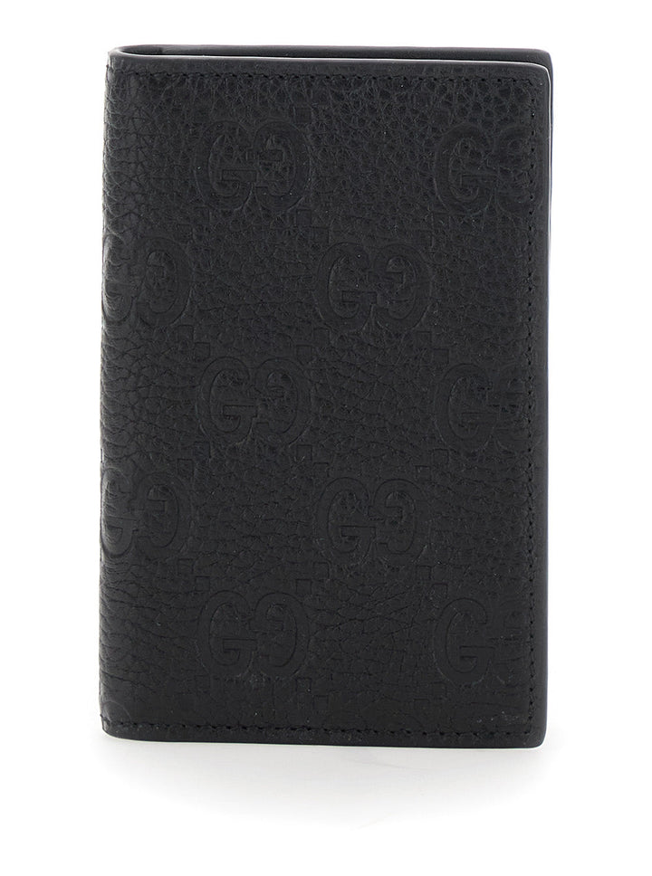 Gucci Men Black Bi-Fold Wallet With Vertical Design In Gg Granied Leather Man