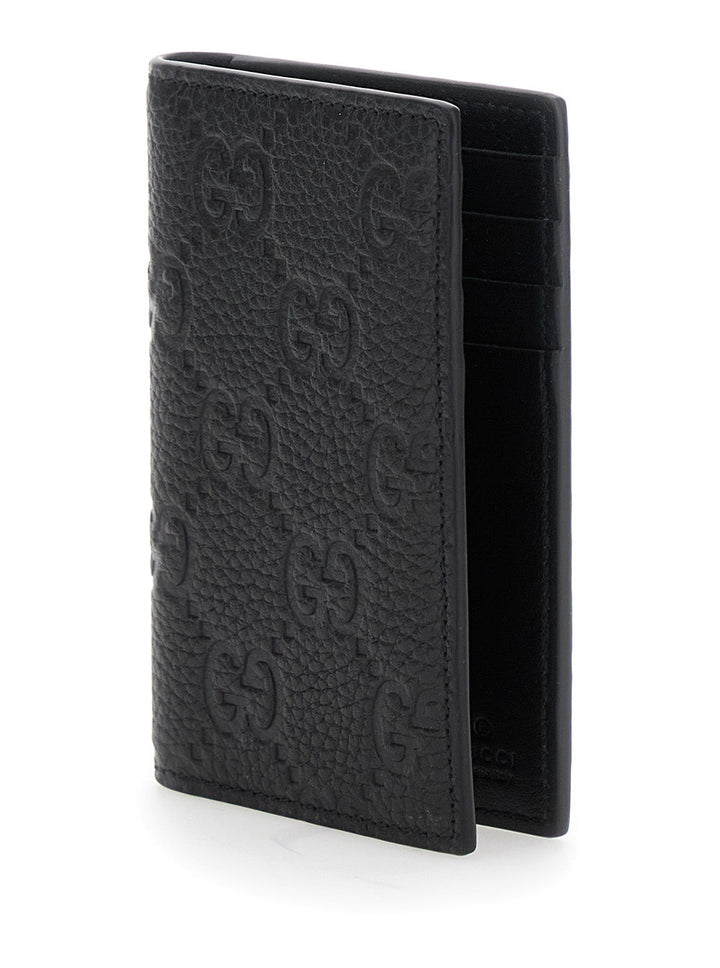 Gucci Men Black Bi-Fold Wallet With Vertical Design In Gg Granied Leather Man