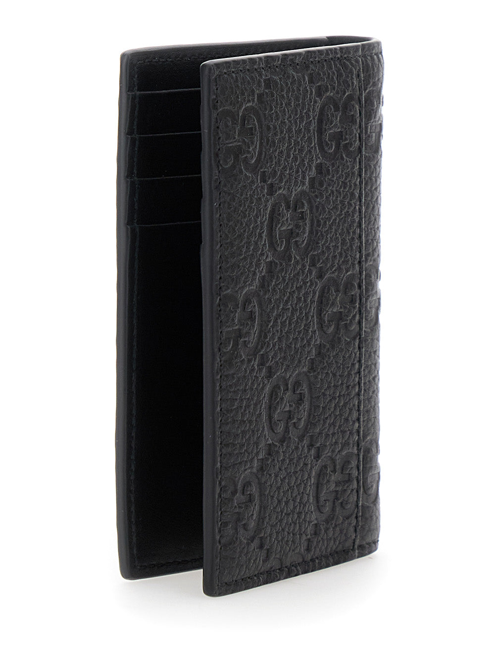 Gucci Men Black Bi-Fold Wallet With Vertical Design In Gg Granied Leather Man