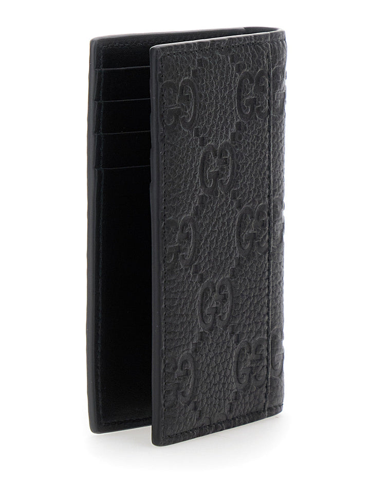 Gucci Men Black Bi-Fold Wallet With Vertical Design In Gg Granied Leather Man