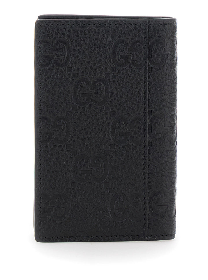 Gucci Men Black Bi-Fold Wallet With Vertical Design In Gg Granied Leather Man