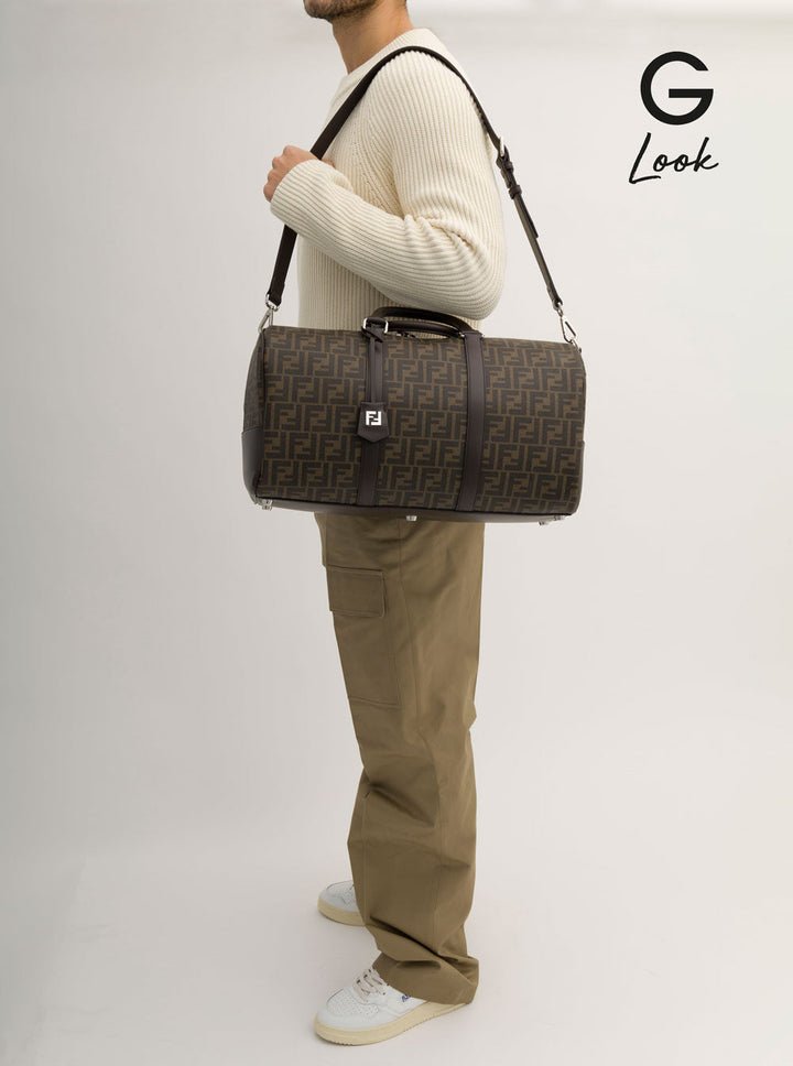 Fendi Men 'Large Duffle' Brown Travel Bag With Ff Motif In Fabric Man