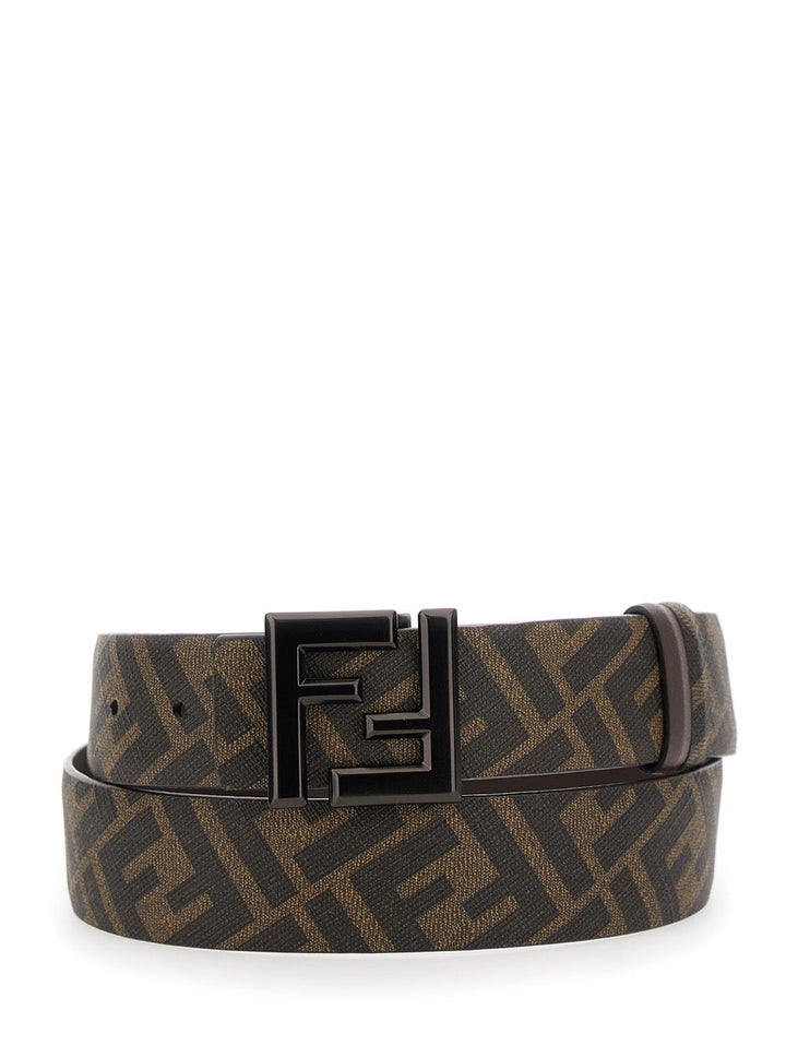 Fendi Men Brown Belt With Metallic Ff Logo Plaque On The Front And Ff Motif In Leather Man