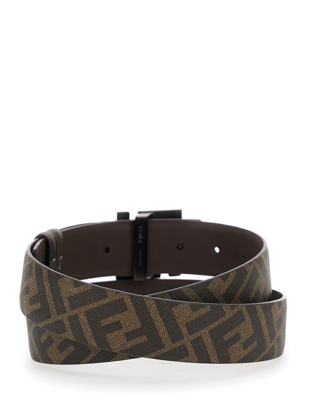 Fendi Men Brown Belt With Metallic Ff Logo Plaque On The Front And Ff Motif In Leather Man