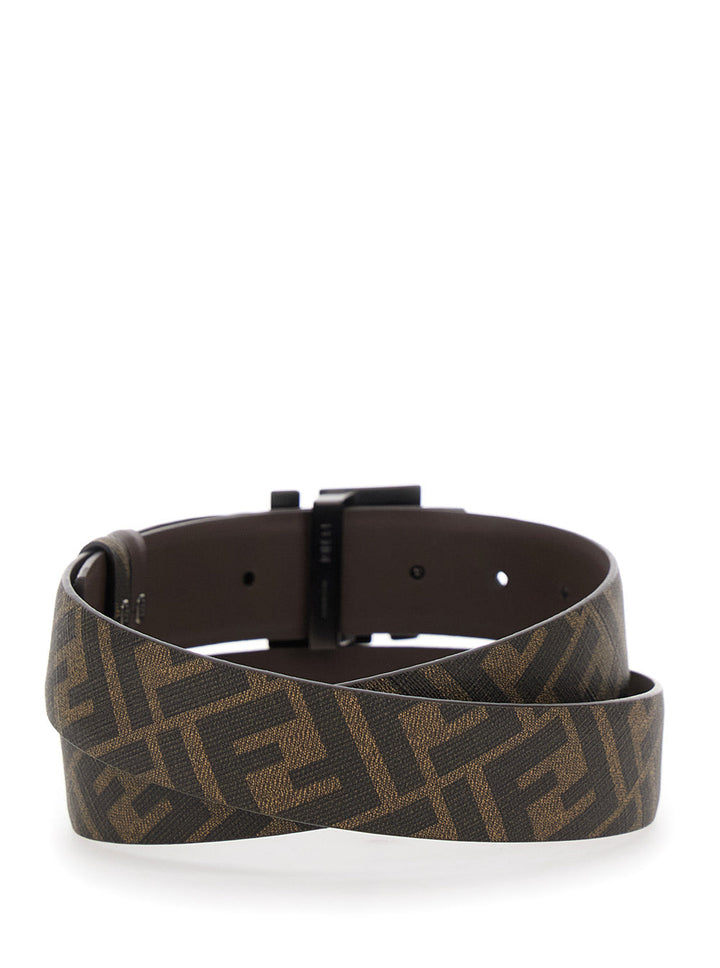 Fendi Men Brown Belt With Metallic Ff Logo Plaque On The Front And Ff Motif In Leather Man