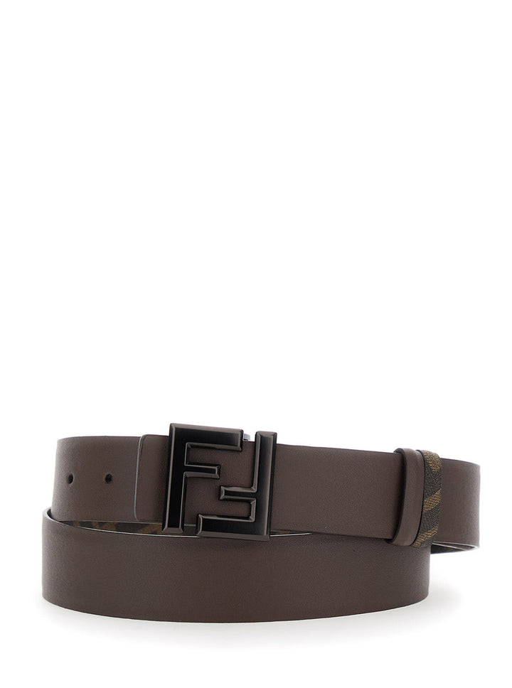 Fendi Men Brown Belt With Metallic Ff Logo Plaque On The Front And Ff Motif In Leather Man