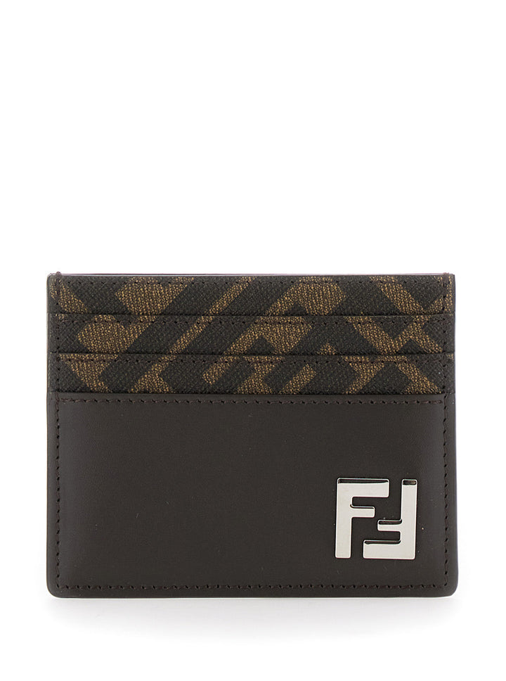Fendi Men Brown Card-Holder With Squared Ff Motif In Leather And Ff Canvas Man