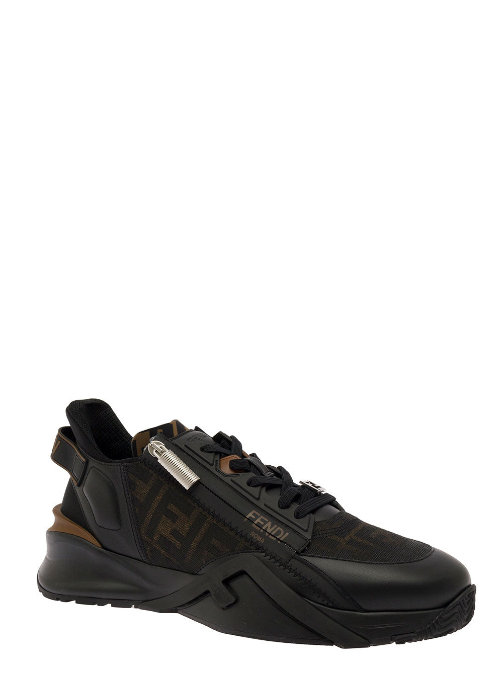 Fendi Men 'Fendi Flow' Black Low Top Sneakers With Diagonal F Detail In Leather Man