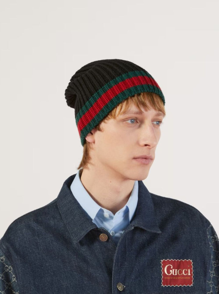 Gucci Men Gucci Men's Black Wool Hat With Web Detail