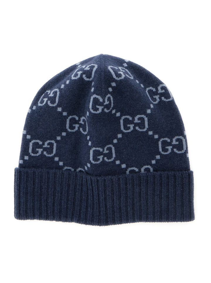 Gucci Men Blue Beanie With All-Over Gg Motif In Cashmere Woman