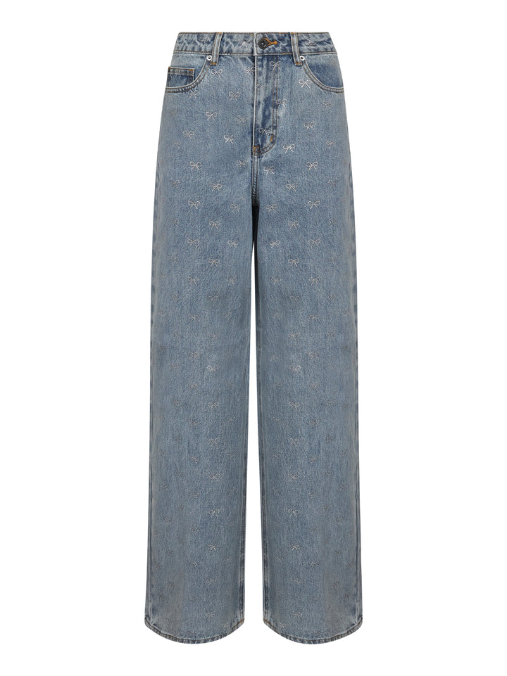 Self Portrait Women Light Blue Denim Diamante Bow Jeans<Br/>