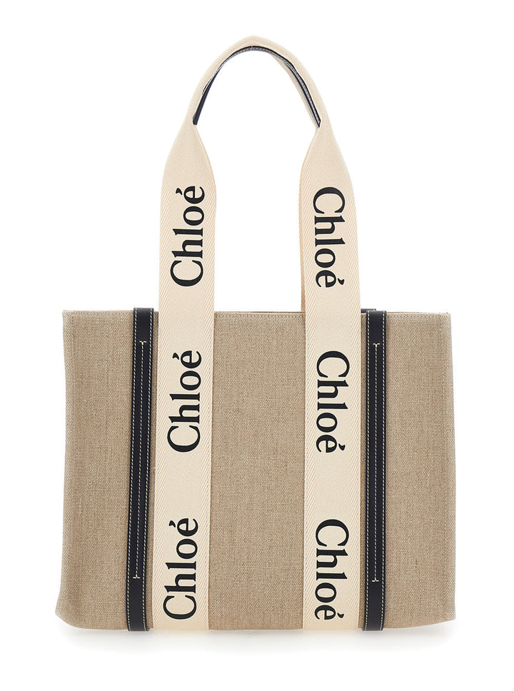 Chloé Women 'Medium Woody' Beige Handbag With Logo Lettering On The Front In Linen Woman