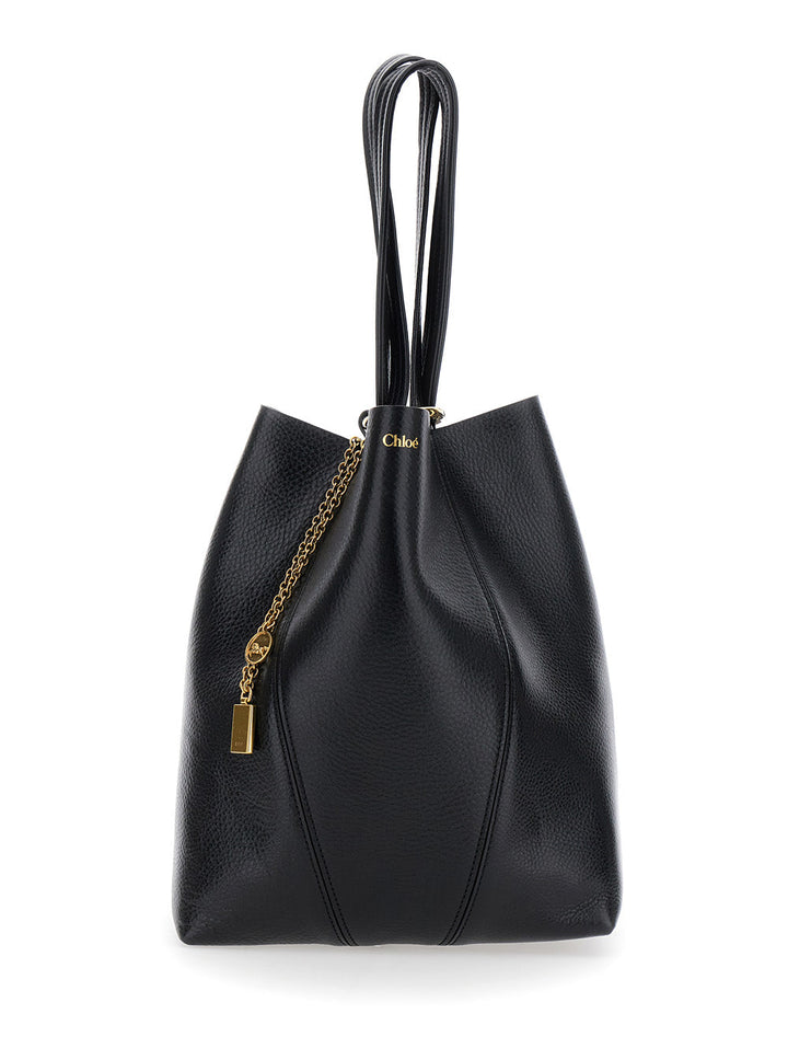 Chloé Women 'Spin' Black Shoulder Bag With Metal Logo Medals In Grained Leather Woman