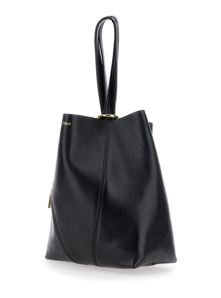 Chloé Women 'Spin' Black Shoulder Bag With Metal Logo Medals In Grained Leather Woman