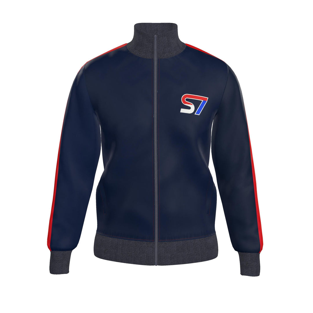 A navy blue track jacket with a dark gray mock neck, ribbed hem and cuffs, and red side stripes. It features a stylized &