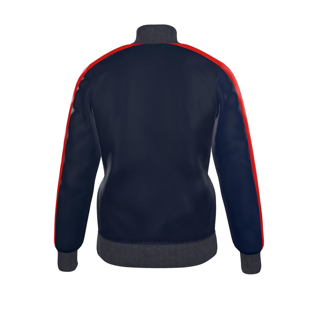 Back view of a navy blue track jacket with red shoulder stripes and dark gray ribbed collar, cuffs, and hem, shown on a plain white background.