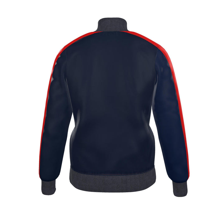 Back view of a navy blue track jacket with red shoulder stripes and dark gray ribbed collar, cuffs, and hem, shown on a plain white background.