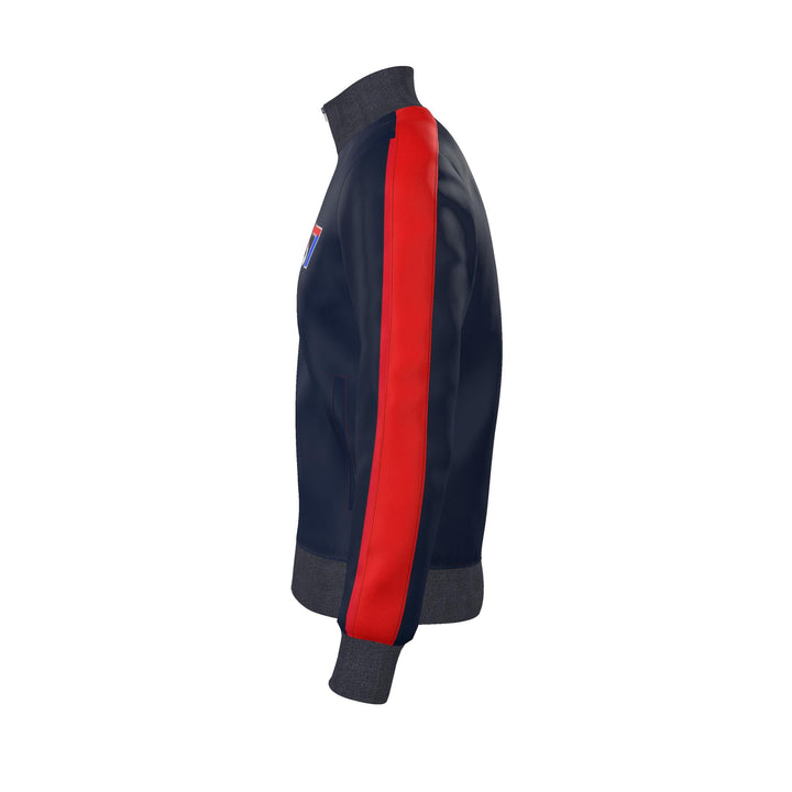 A navy blue track jacket shown from the side profile, featuring a bold red stripe down the center of the sleeve and a small red and blue shield logo on the left chest, set against a plain white background.