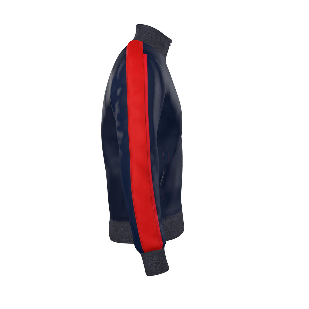 A navy blue track jacket shown from the side profile, featuring a bold red stripe down the center of the sleeve and dark gray ribbed cuffs and hem.