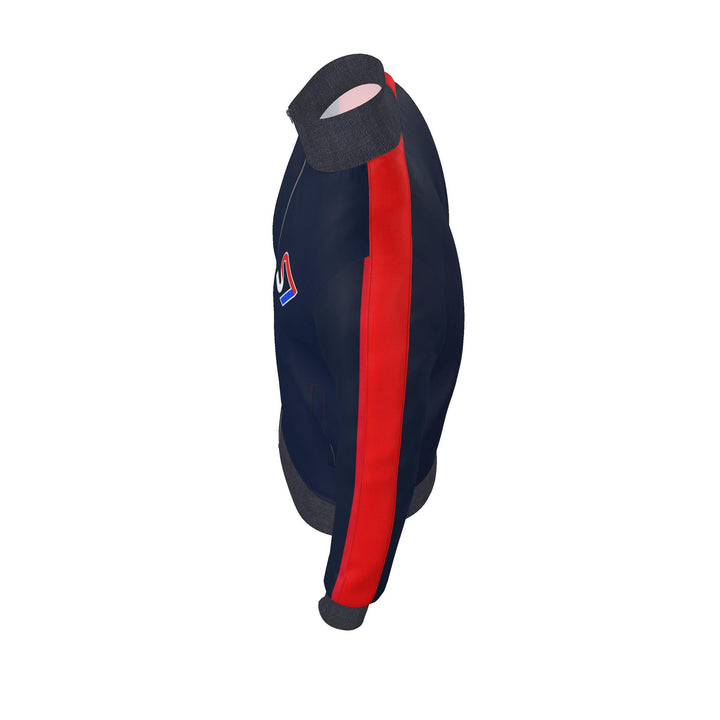 A navy blue athletic jacket with a bold red vertical stripe down the side and a small red, white, and blue logo on the left chest, shown from a side profile view against a plain white background.