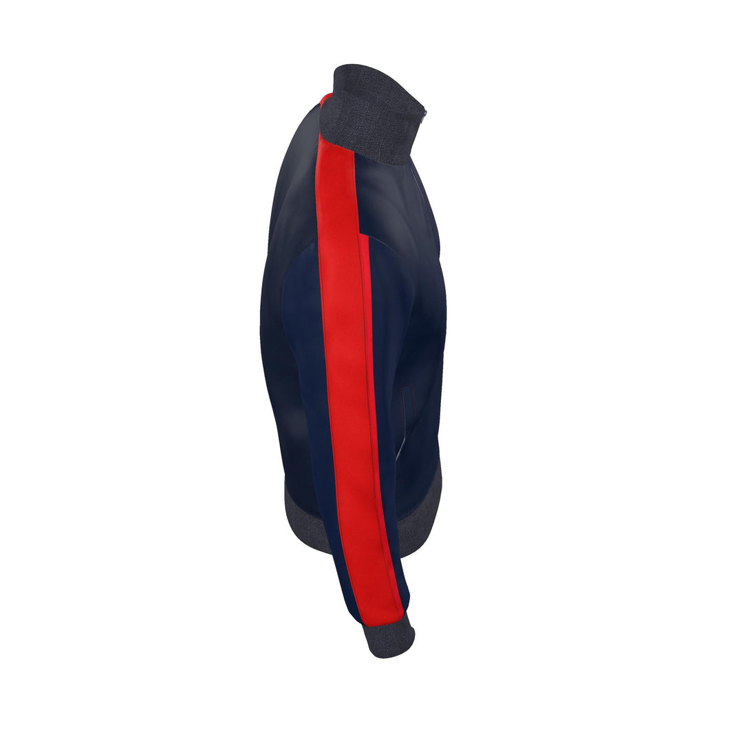 A navy blue track jacket shown from the side profile, featuring a bold red stripe down the center with a thin white accent line.