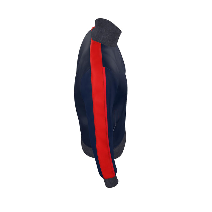 A navy blue track jacket shown from the side profile, featuring a bold red stripe down the center with a thin white accent line.