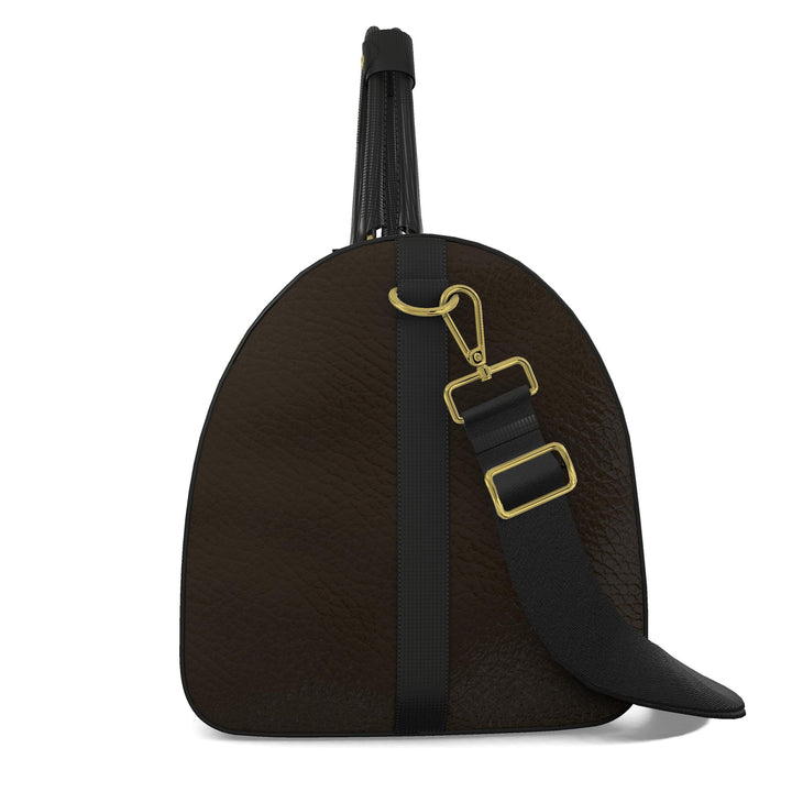 side view of duffle bag in brown with black accents.