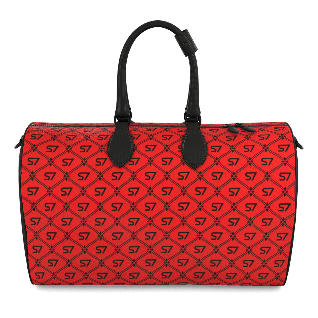 S7 Rosso Noir leather duffle bag featuring jet-black S7 monograms and a tight ornate diamond lattice on bright scarlet red with black handles.
