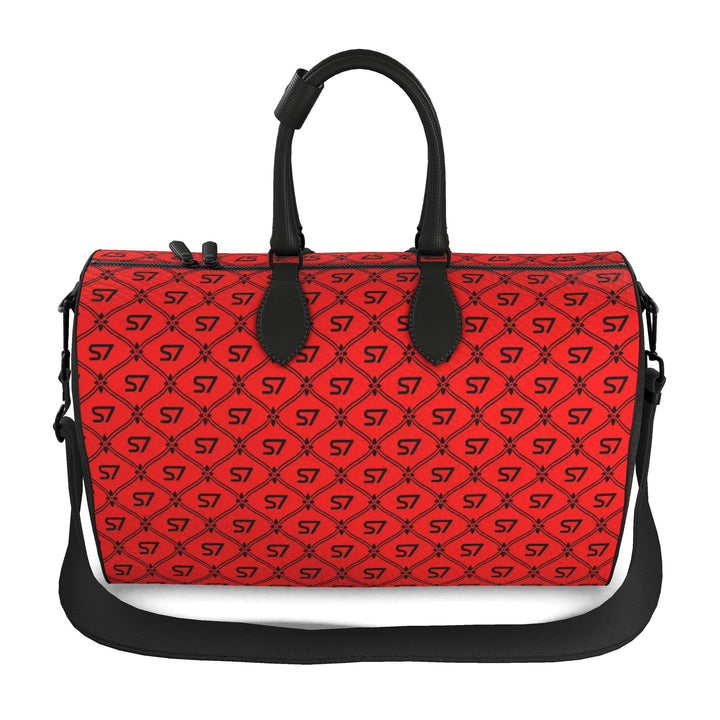 S7 Rosso Noir leather duffle bag featuring jet-black S7 monograms and a tight ornate diamond lattice on bright scarlet red with black handles.