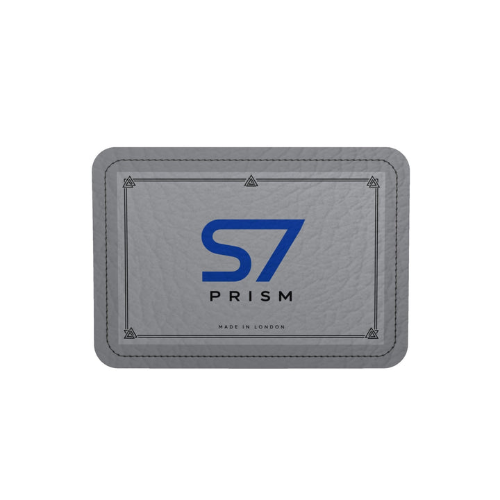 A rectangular gray textured leather patch with rounded corners, featuring a blue &