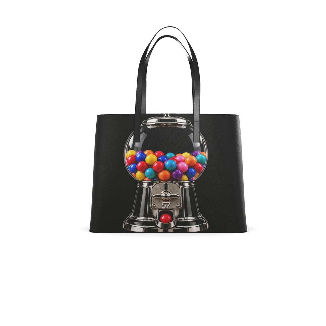 S7 Sweet Release black leather tote with colorful gumball machine artwork, printed chrome details and black handles.
