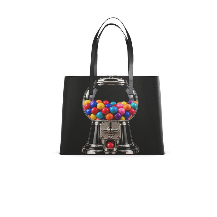 S7 Sweet Release black leather tote with colorful gumball machine artwork, printed chrome details and black handles.