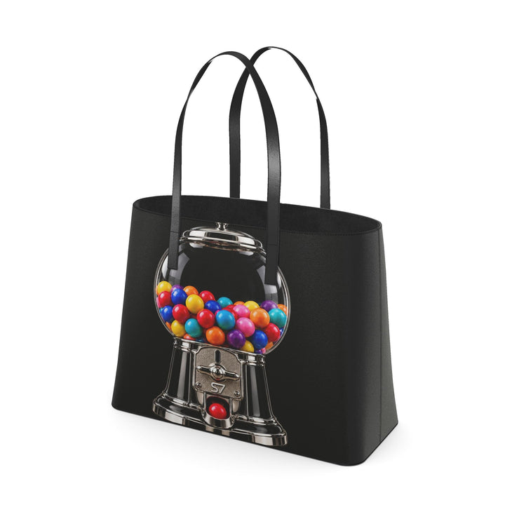 S7 Sweet Release black leather tote with colorful gumball machine artwork, printed chrome details and black handles.