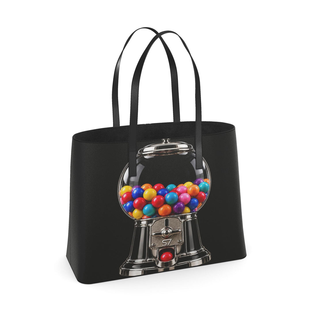 S7 Sweet Release black leather tote with colorful gumball machine artwork, printed chrome details and black handles.