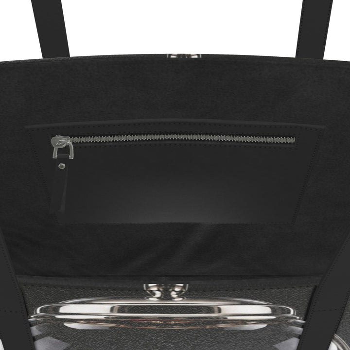 S7 Sweet Release black leather tote with colorful gumball machine artwork, printed chrome details and black handles.