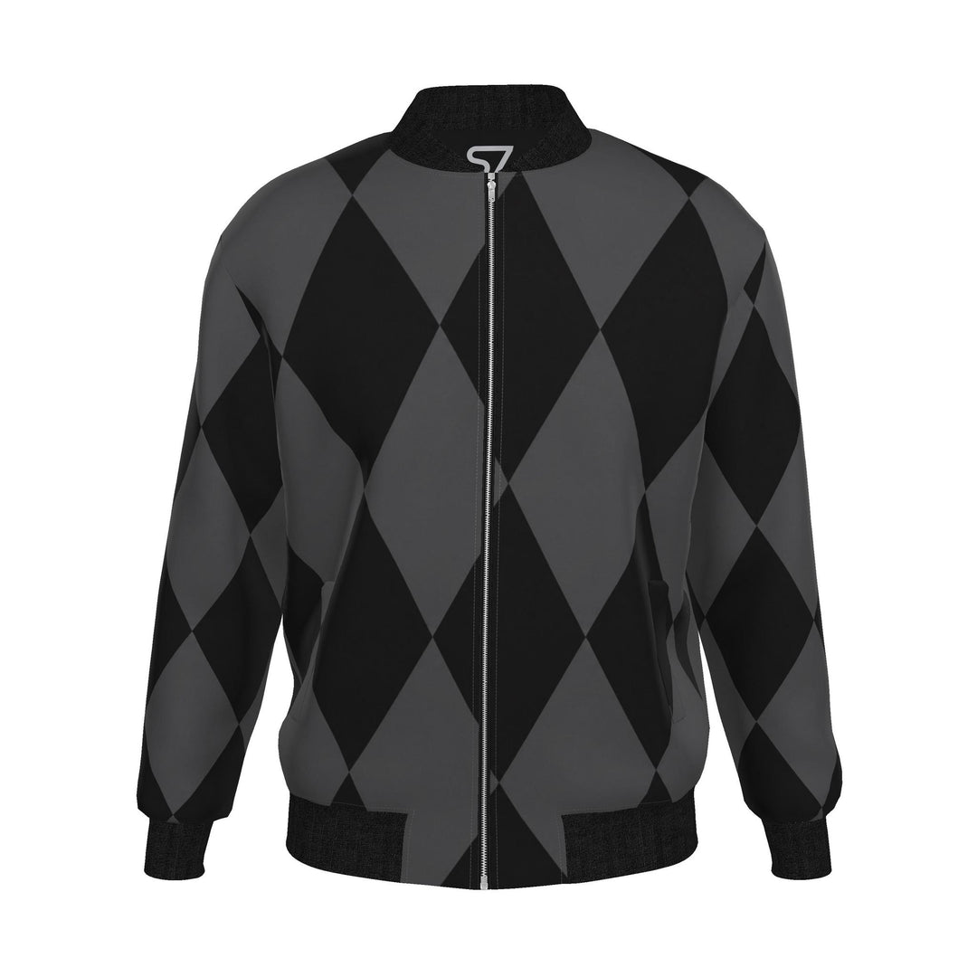 Front view of S7 bomber jacket with elongated black and charcoal harlequin diamonds, black ribbed trim, and a zip closure.