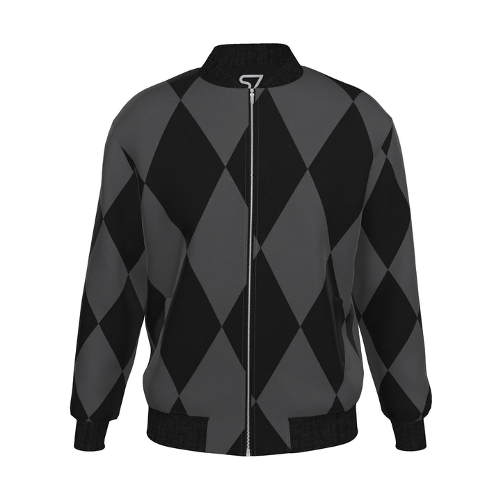 Front view of S7 bomber jacket with elongated black and charcoal harlequin diamonds, black ribbed trim, and a zip closure.