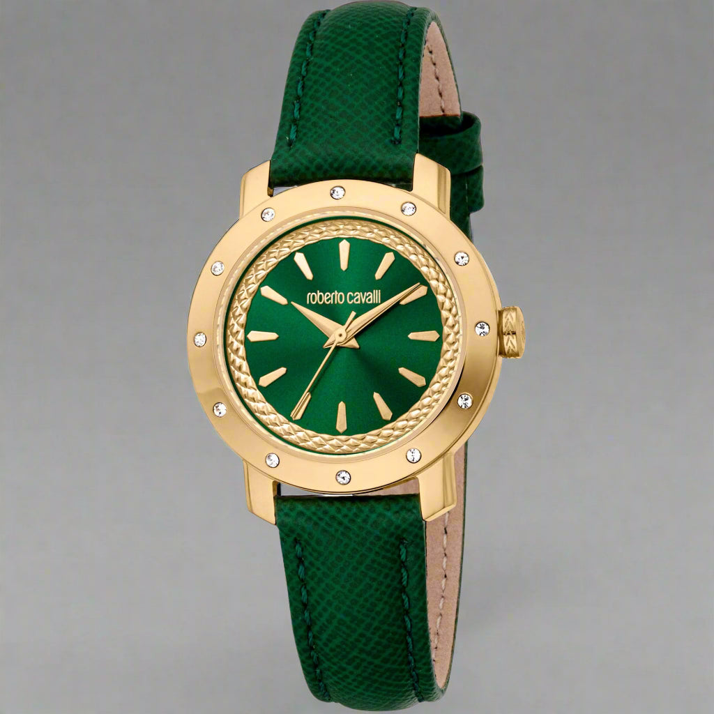 Roberto Cavalli women's green dial gold bezel analog Watches