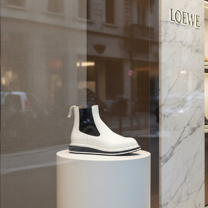 White Chelsea boot with black accents on a white background