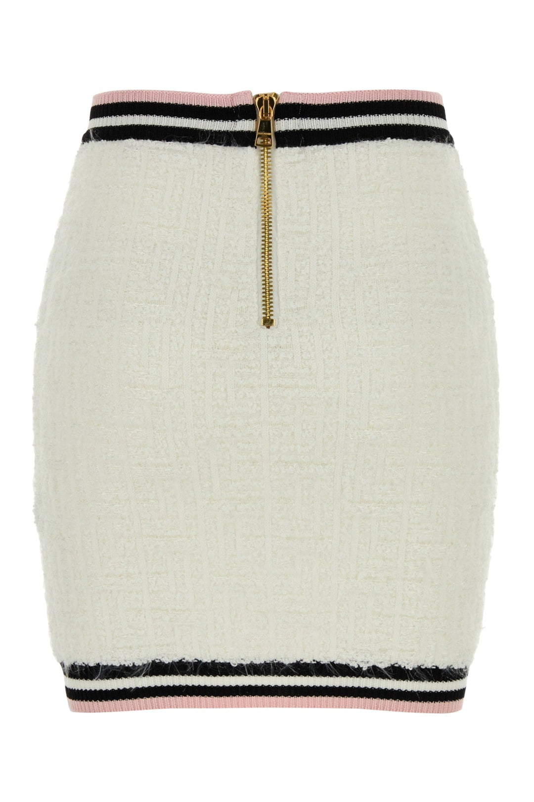 White skirt with black and pink striped hem and gold zipper on a white background