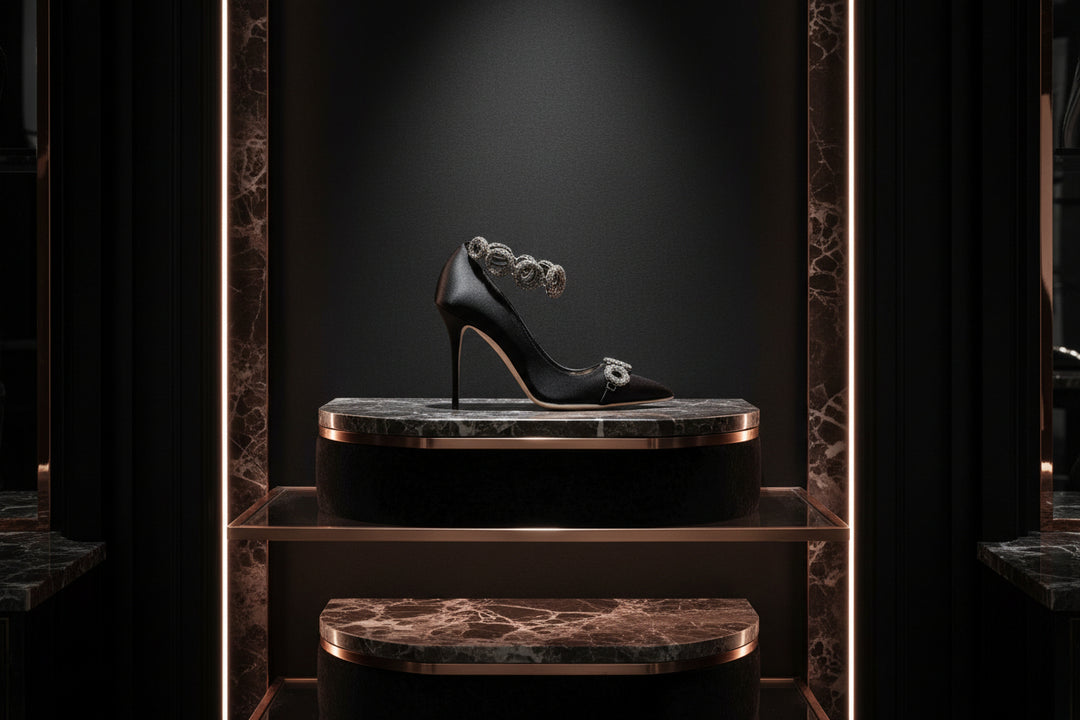 Black high-heeled shoe with decorative elements on a white background