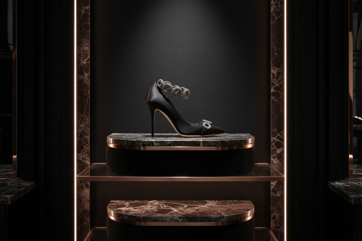 Black high-heeled shoe with decorative elements on a white background
