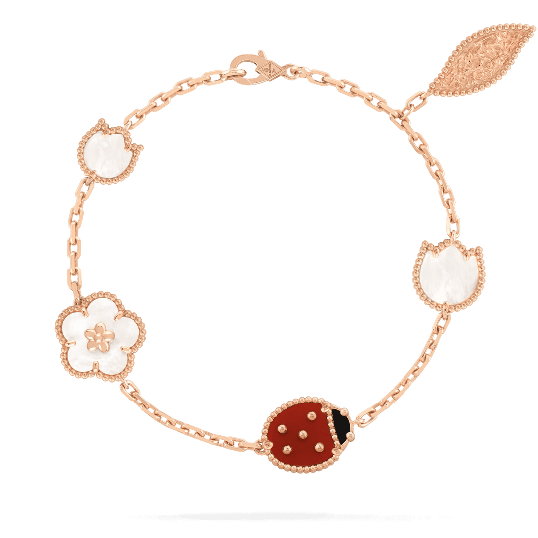 Van Cleef & Arpels Lucky Spring bracelet, 5 motifs 18K rose gold, Carnelian, Mother-of-pearl, Onyx