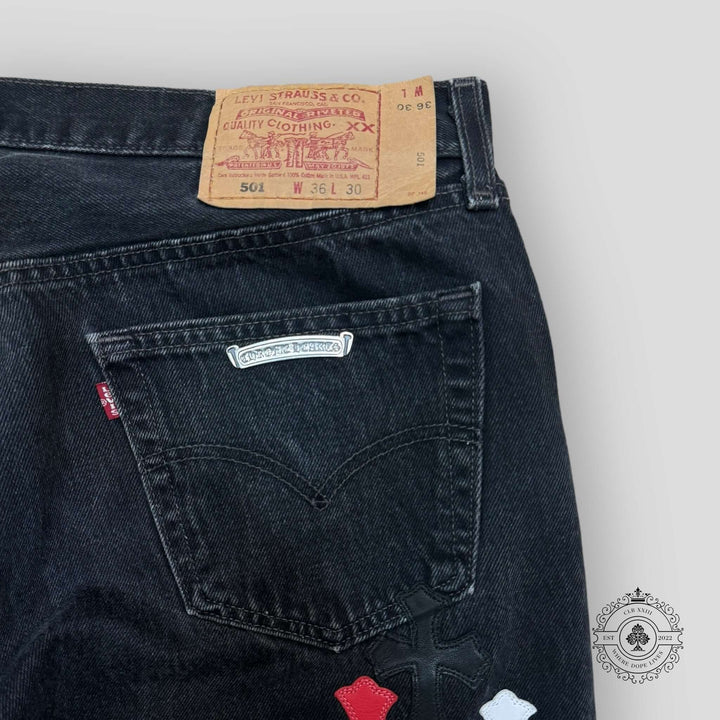Levi's jeans with brand label on a white background
