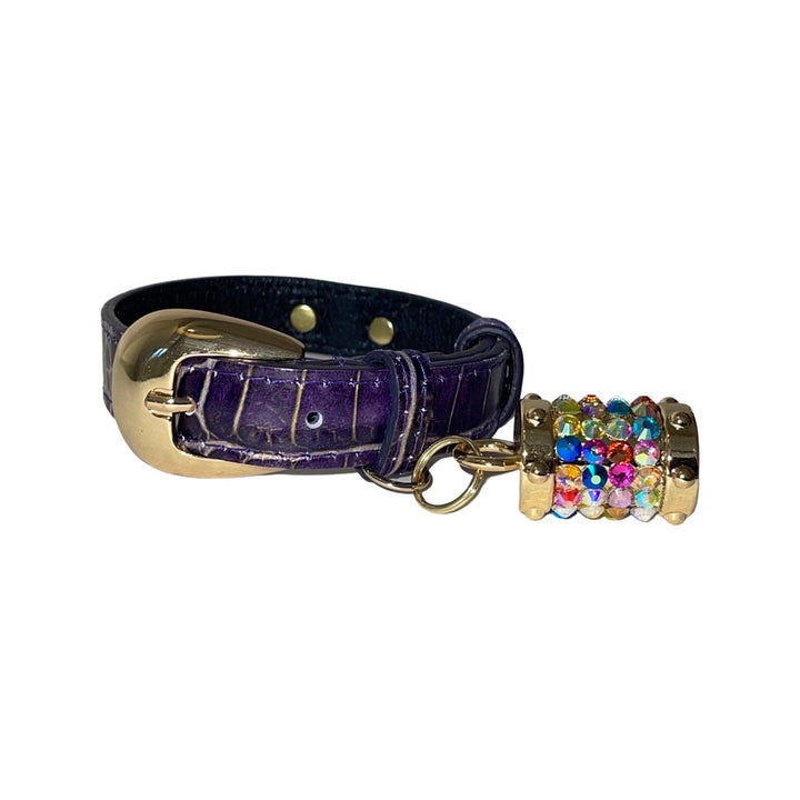 XS 7”-14” Purple/Gold Embossed Croc Italian Leather Collar/Custom Gold Oval Italian Hardware &amp; Swarovski Crystal Charm