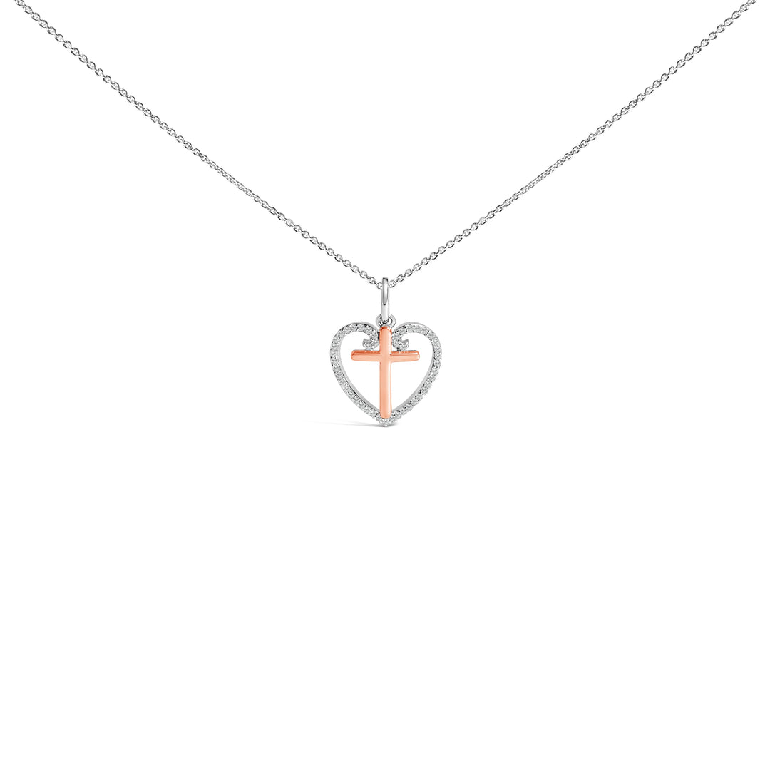 14K Rose Gold Plated Sterling Silver 1/5 Cttw Diamond Heart Cross Pendant Necklace